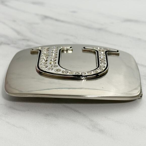 Rhinestone Studded U Letter Initial Monogram Silver Tone Belt Buckle - Picture 6 of 9